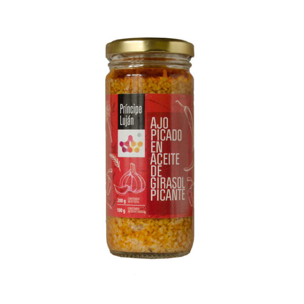 Ajo picado en aceite de girasol picante Marca Príncipe Luján